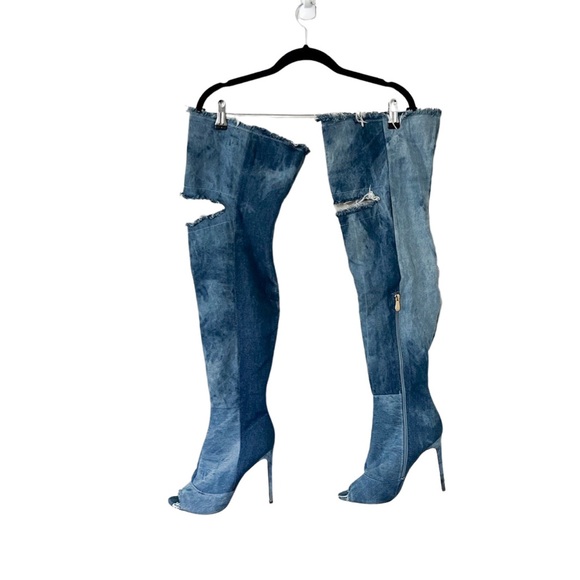 LILIANA Barbara 13 Thigh High Over Knee Denim Open Toe Stiletto Heel Boot Sz 8.5 - Picture 3 of 5
